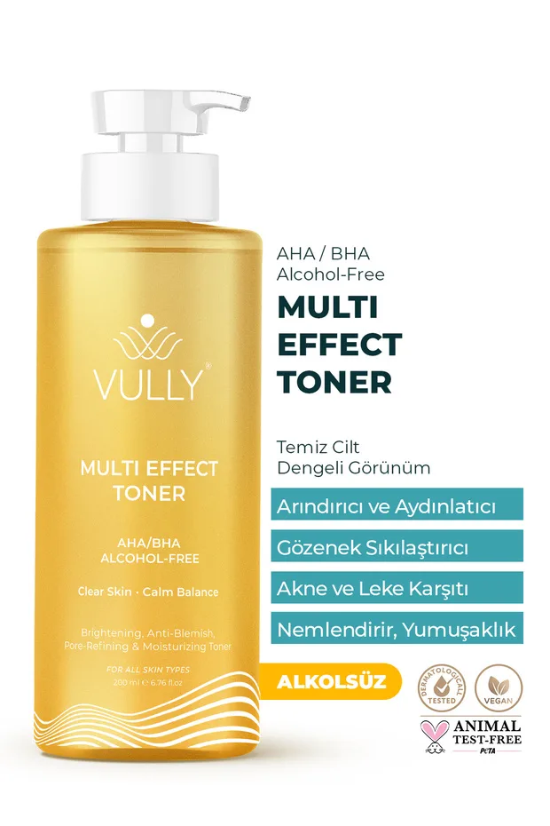 VULLY Alkolsüz Gözenek Sıkılaştırıcı-Aydınlatıcı-Leke-Akne Karşıtı-Nemlendirici Multi Effect Tonik 200Ml