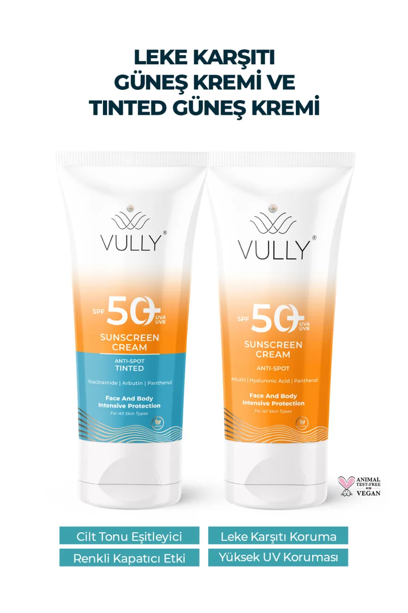 VULLY Leke Karşıtı-Aydınlatıcı Spf+50 Güneş Kremi + Renkli Kapatıcı Etkili Spf+50 Güneş Kremi