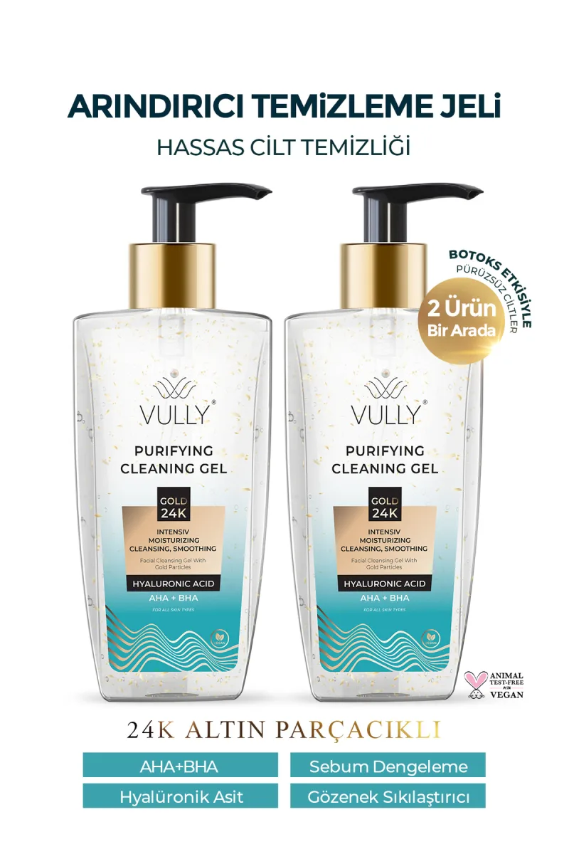 VULLY 2 Adet 24k Altın Parçacıklı Arındırıcı Nemlendirici Gözenek Sıkılaştırıcı Yüz Temizleme Jeli 200 Ml